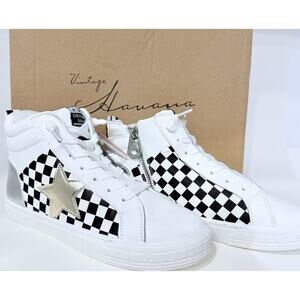 Vintage Havana LEXI High Top Sneakers White Checkered & Silver Star Size6.5 New